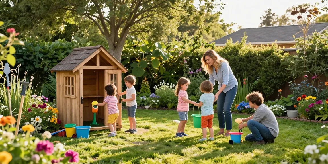 Gartenhaus kaufen in einem schönen Garten mit spielenden Kindern und bunten Blumen.