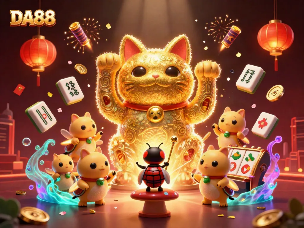 Experience the thrill of DA88 with vibrant casino visuals of a lucky cat and engaging symbols.