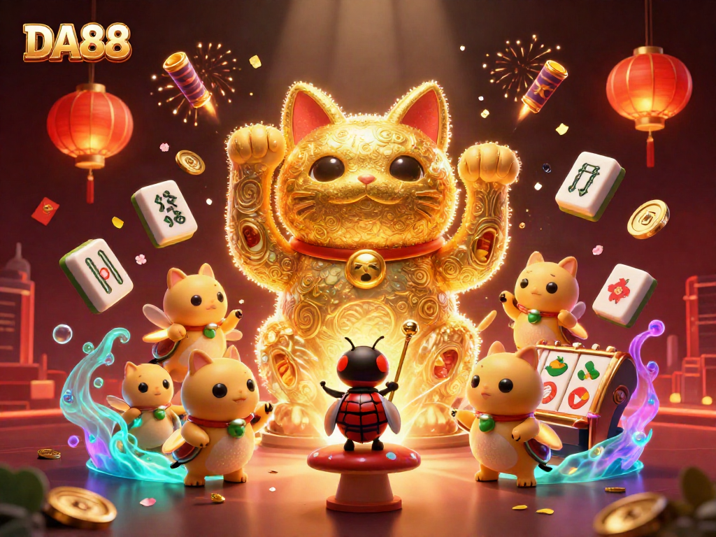 Experience the thrill of DA88 with vibrant casino visuals of a lucky cat and engaging symbols.