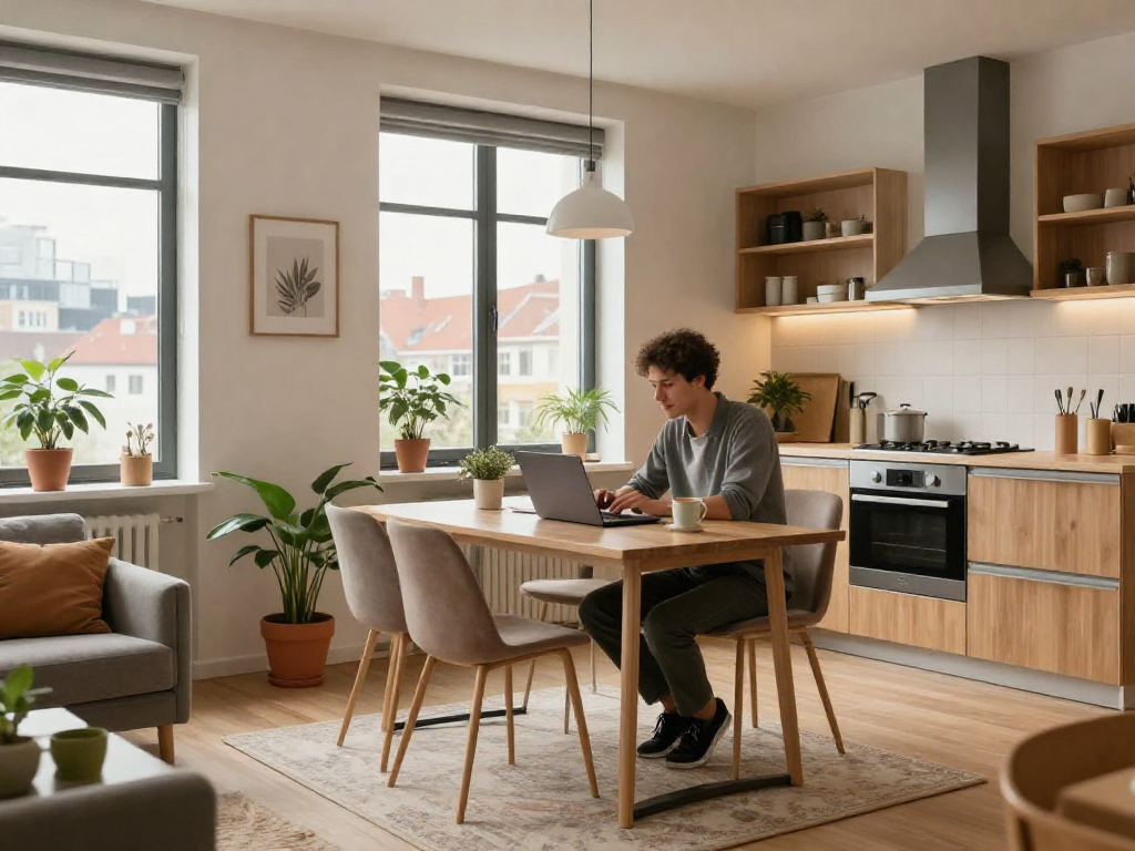 Komfortables Monteurzimmer in Hannover mit modernen Möbeln und Arbeitsbereich.