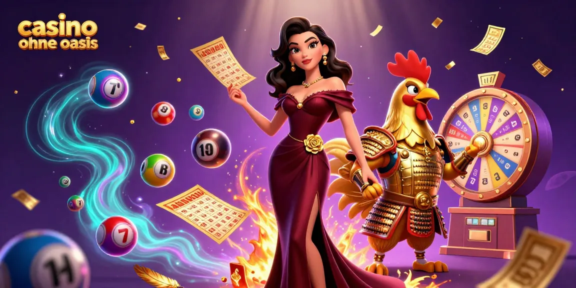 Win exciting rewards in a vibrant casino ohne oasis atmosphere with lottery balls and golden tickets.