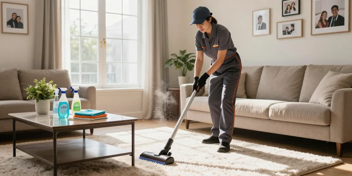 Professional cleaning service performing reinigung offerte in a sunlit residential living room, showcasing a cleaner vacuuming a plush carpet.