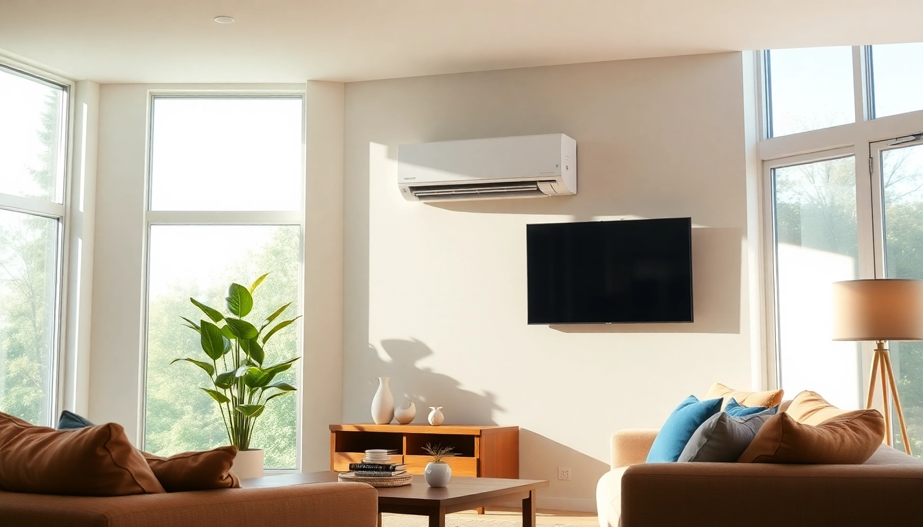 Showcase the Klimaanlage kosten with a modern air conditioning unit in a stylish living room setting.