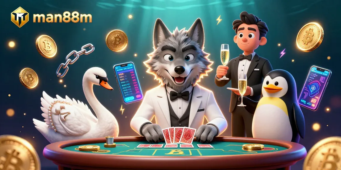 Experience the allure of man88m with a seductive baccarat scene featuring a debonair wolf, elegant swan, and sophisticated penguin amidst glowing crypto coins.