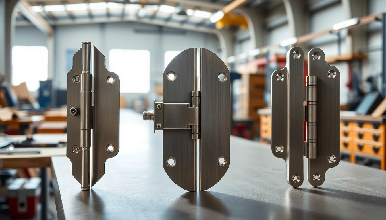 Door Hinges Manufacturer showcasing high-quality metal hinges in a workshop environment.