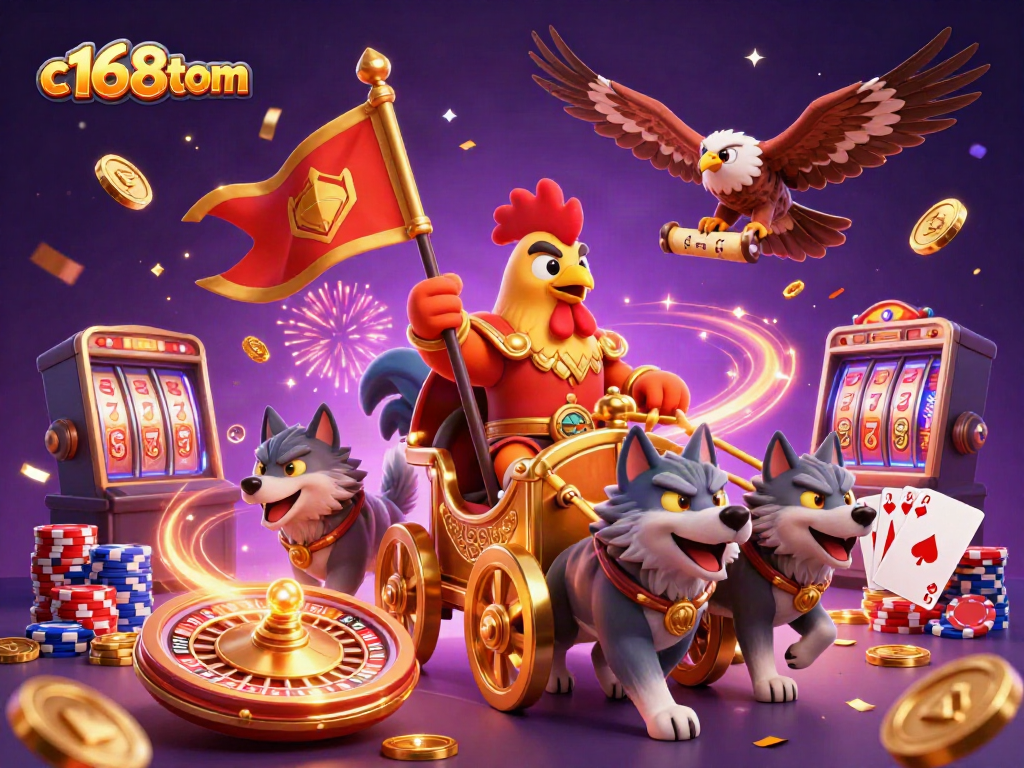 Experience the excitement of c168tom with a 3D illustration of a rooster warlord in a dynamic casino scene.