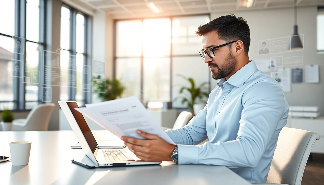 Headhunter IT analysiert Lebensläufe in modernem Büro mit Technologie.
