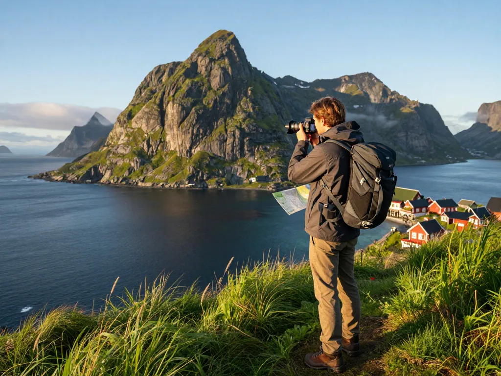 Wunderschöne Landschaften zeigen Skandinavien Reisetipps mit einem Reisenden, der die Lofoten-Inseln in Norwegen erkundet.