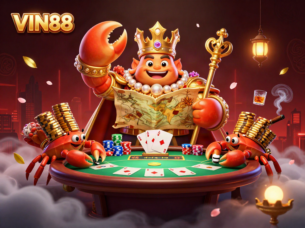Experience thrilling gameplay with VIN88, featuring a golden crab emperor in a vibrant casino atmosphere.