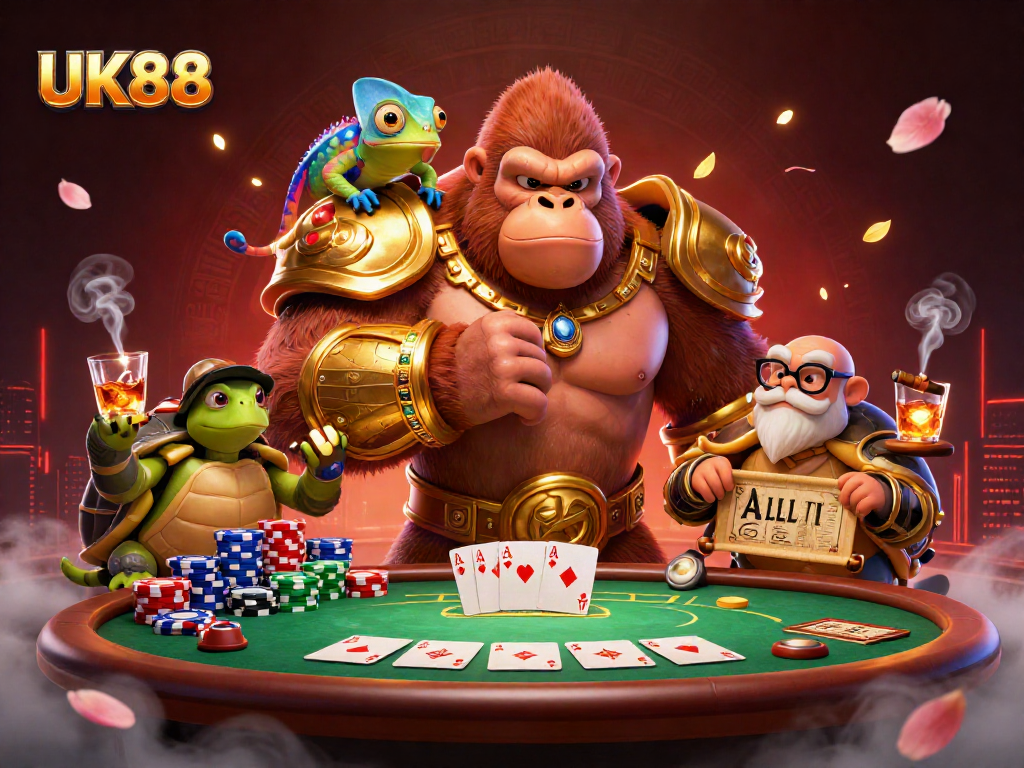 Engage with UK88's thrilling environment, featuring vibrant characters and dynamic casino elements.