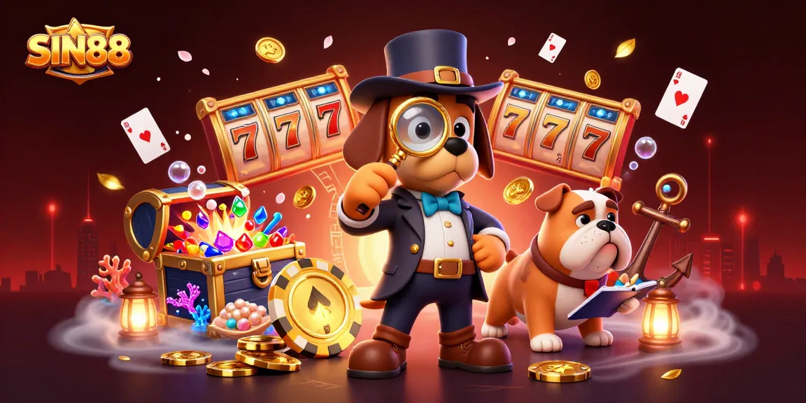 Join SIN88's thrilling casino adventure with detectives uncovering poker treasures amidst vivid slots and gold!