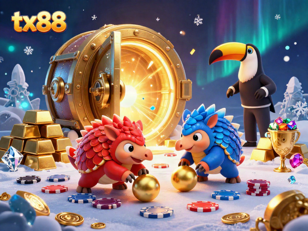 Experience thrilling gambling action with tx88 as rival pangolins roll through gold coins and chips in a vibrant casino scene.