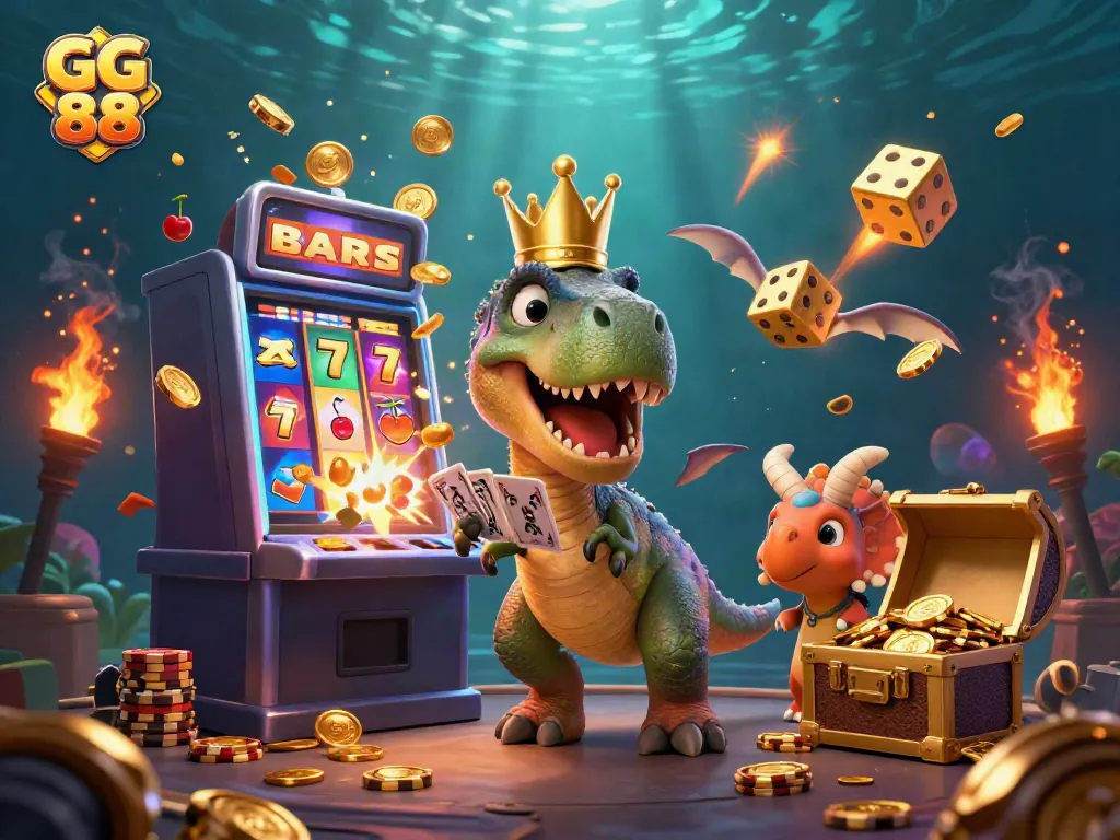 Engage with GG 88 through lively characters and vibrant casino elements in a colorful scene.