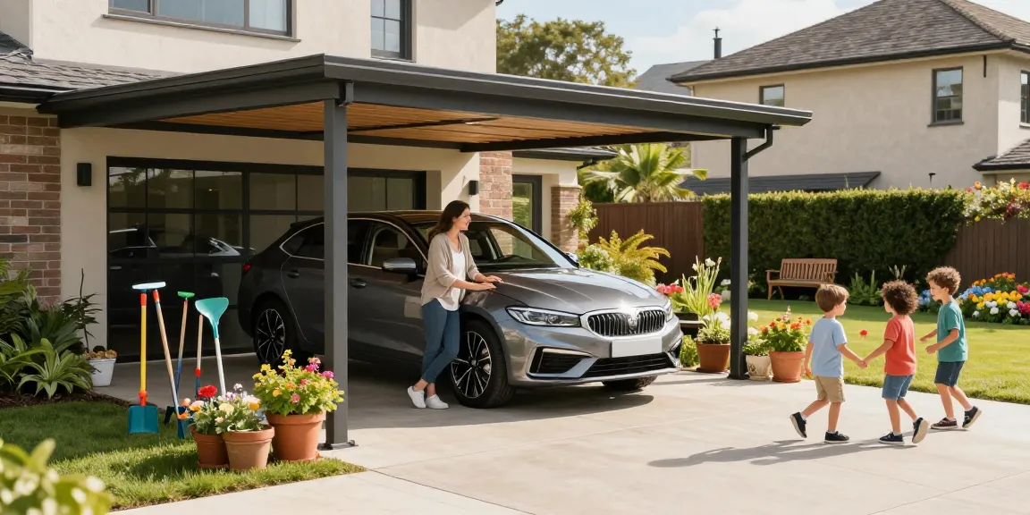 Moderne Carport-Lösung für Familienfahrzeug mit blühendem Garten im Hintergrund.