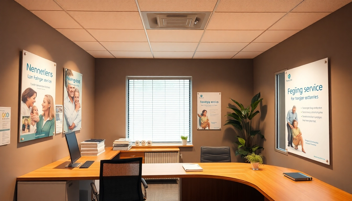 Plakat mit werbung pflegedienst in einem kreativen Büro, das innovative Marketingstrategien präsentiert.
