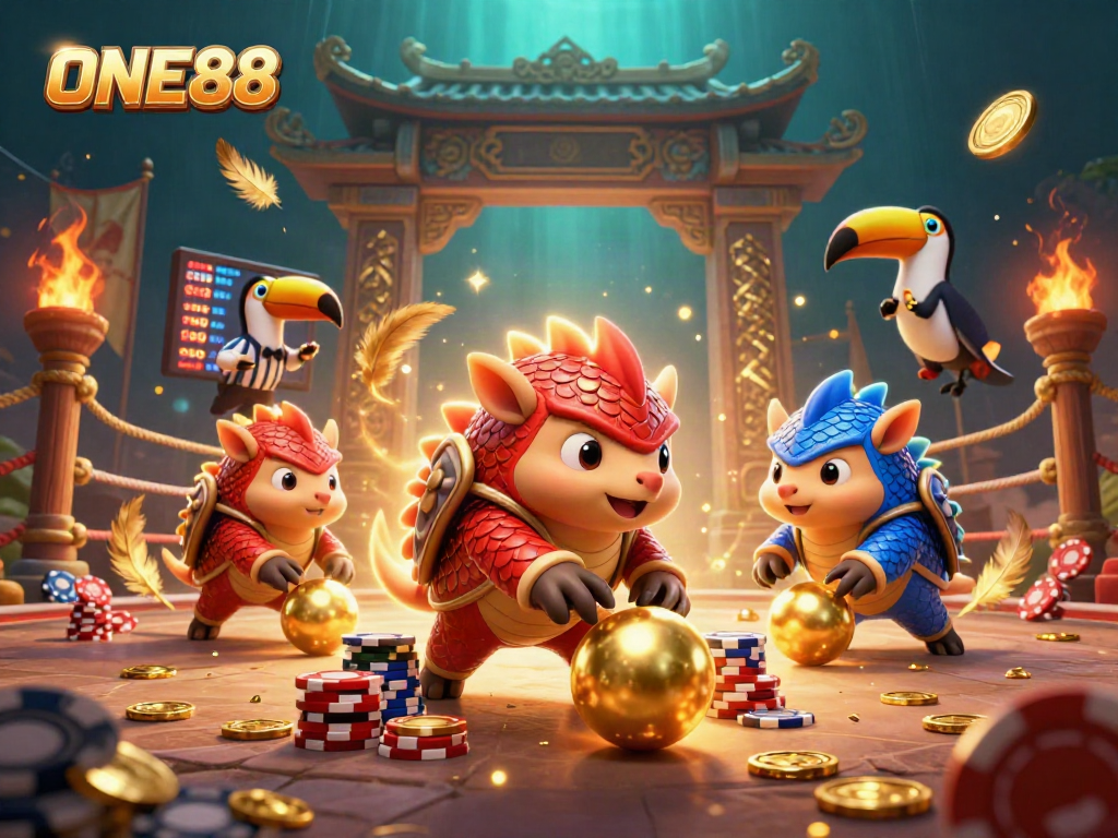 ONE88 pangolins in armor compete in a vibrant casino scene filled with poker chips.