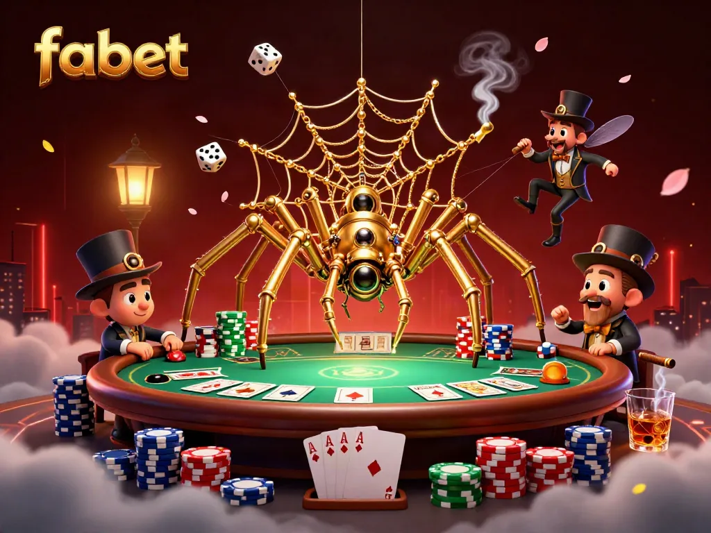 Experience the thrilling game environment at fabet as a steampunk spider weaves an intricate web of poker chips and dice.