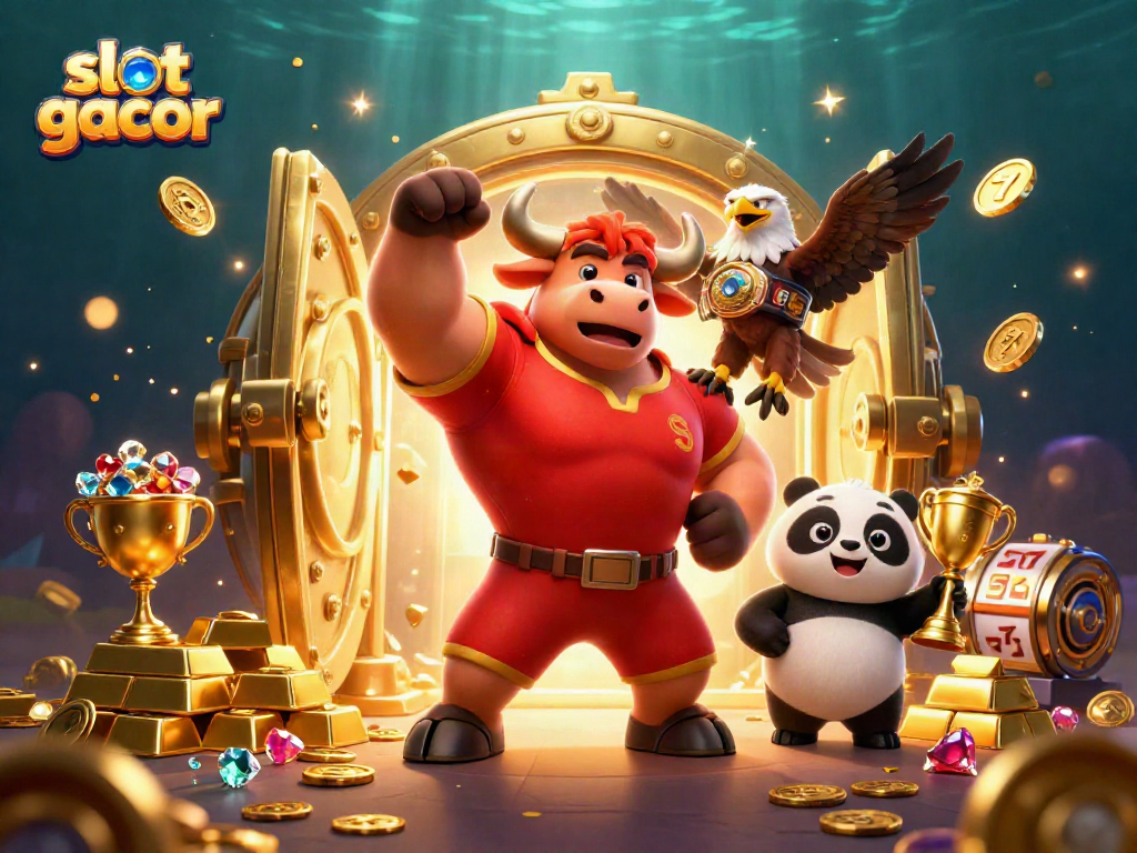 Experience thrilling wins with slot gacor in this vibrant 3D casino scene featuring dynamic characters and rich treasures.