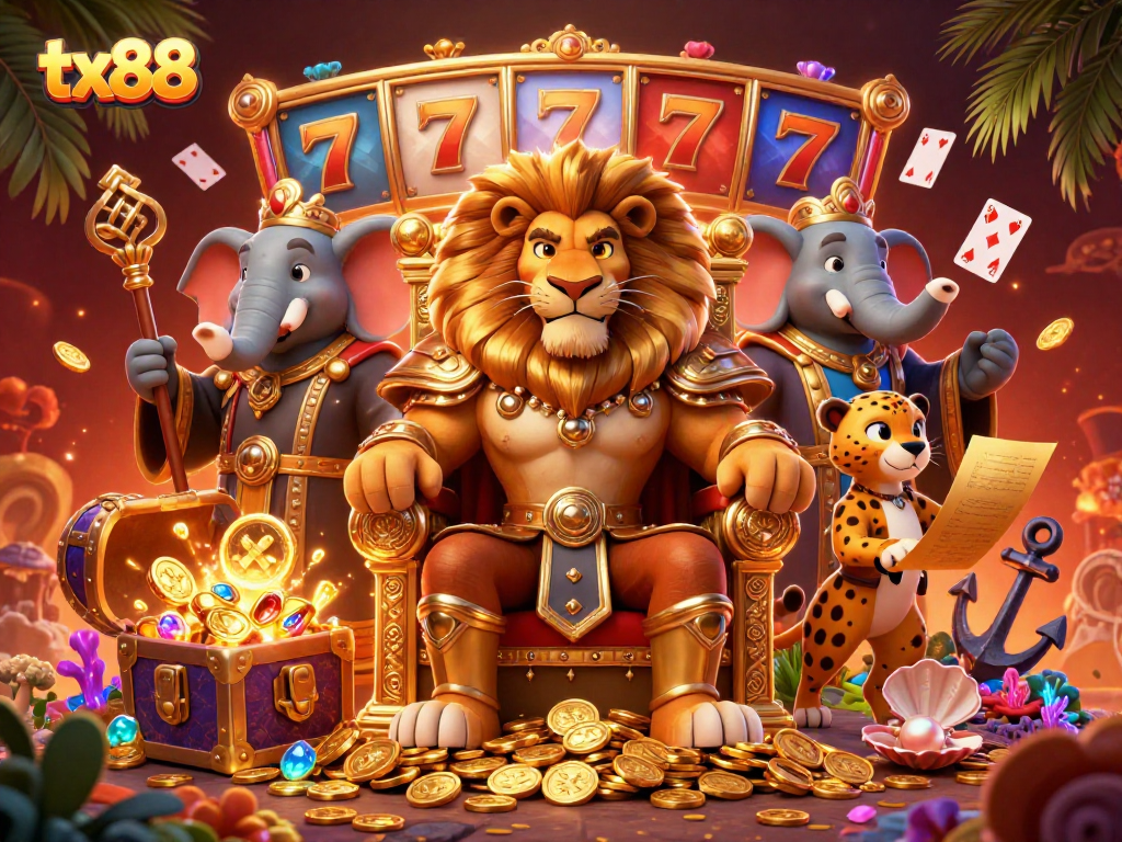 Experience the thrill of tx88 with a fierce lion king, wise elephant, and speedy cheetah amidst riches.