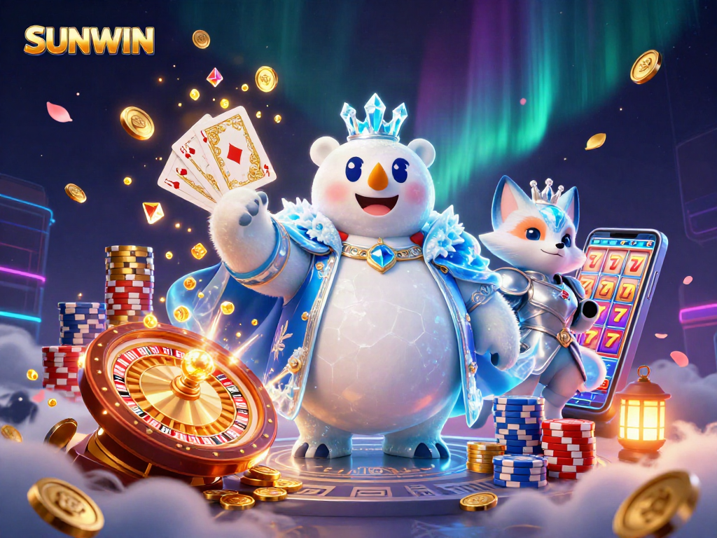 SUNWIN promotes thrilling online gaming with a 3D polar bear king and fox amid cascading rewards.