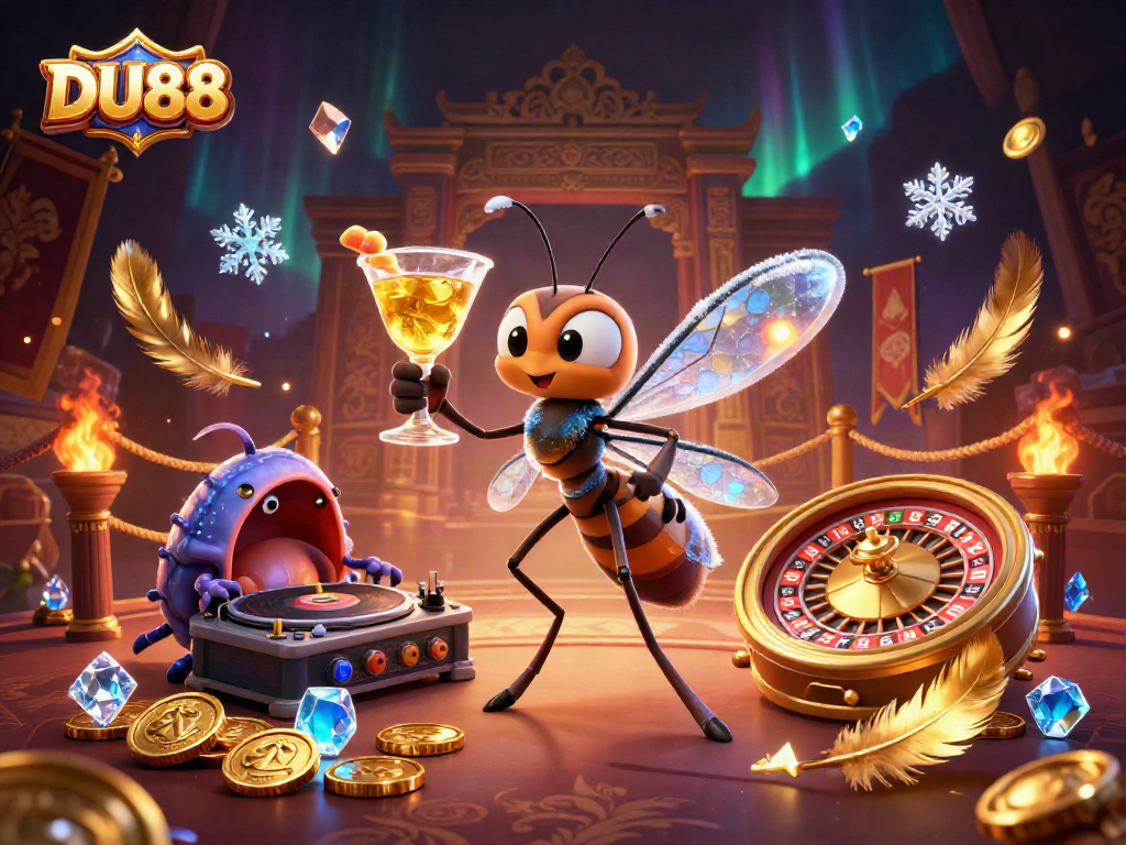 Experience excitement at DU88 with a cartoon casino mascot, DJ, and roulette wheel in vibrant atmosphere.