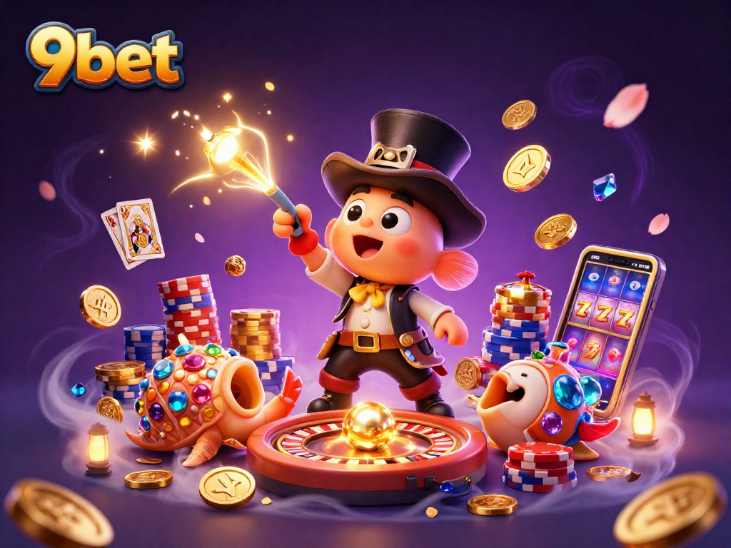 9bet showcases an animated deep-sea scene with vibrant casino elements, including golden coins and a roulette wheel.