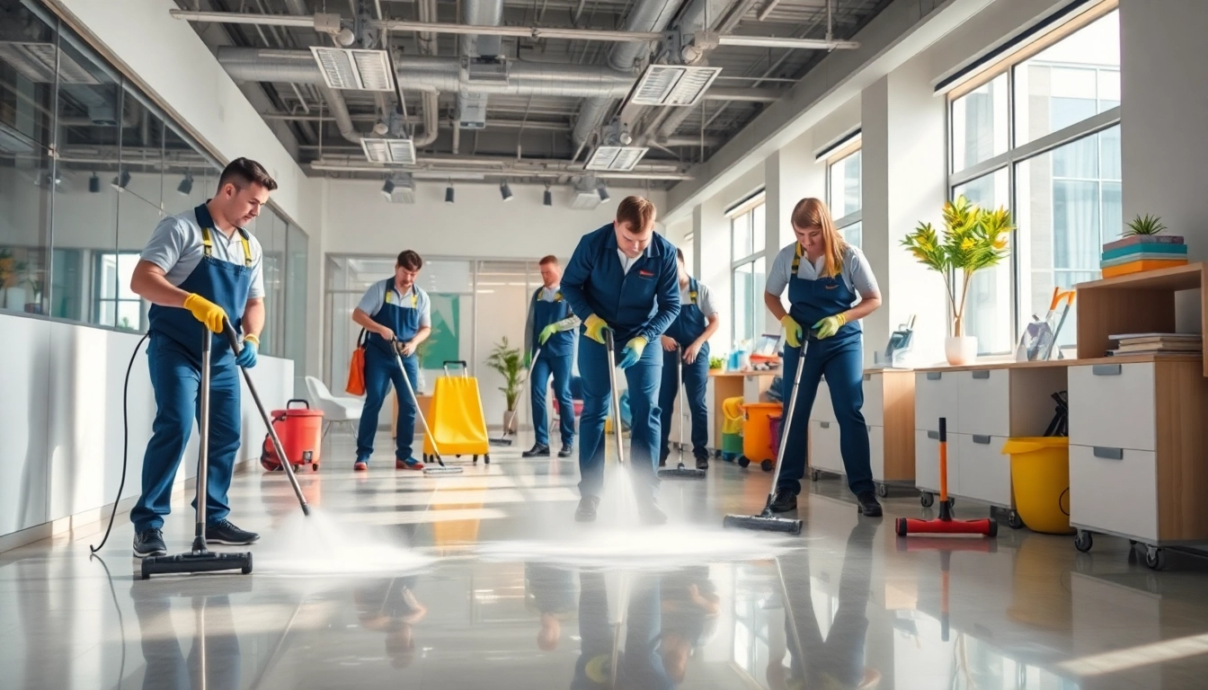 Professionelle Gebäudereinigung Ulm-Servicemitarbeiter bei der Arbeit in einem modernen Büroumfeld.