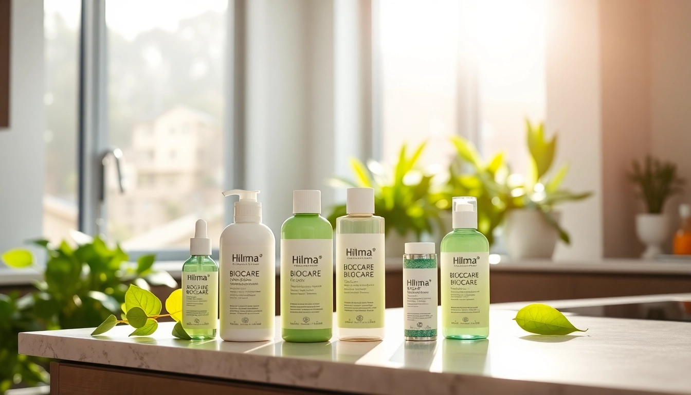 Hilma Biocare-Produkte auf einer modernen Küchenarbeitsplatte mit frischen Pflanzen im Hintergrund.