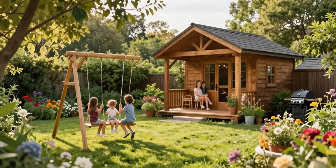 Gartenhaus Holz in einem grünen Garten mit spielenden Kindern und Blumenbeeten