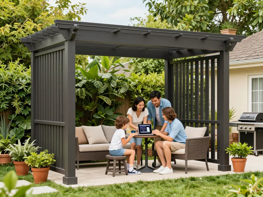 Familie, die einen Pergola-Konfigurator in ihrem Garten nutzt, um eine moderne Pergola zu gestalten, während sie gemeinsam wertvolle Zeit verbringen.