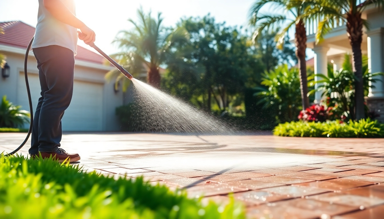 Driveway pressure wash in Kissimmee, showcasing professional cleaning of a residential driveway.