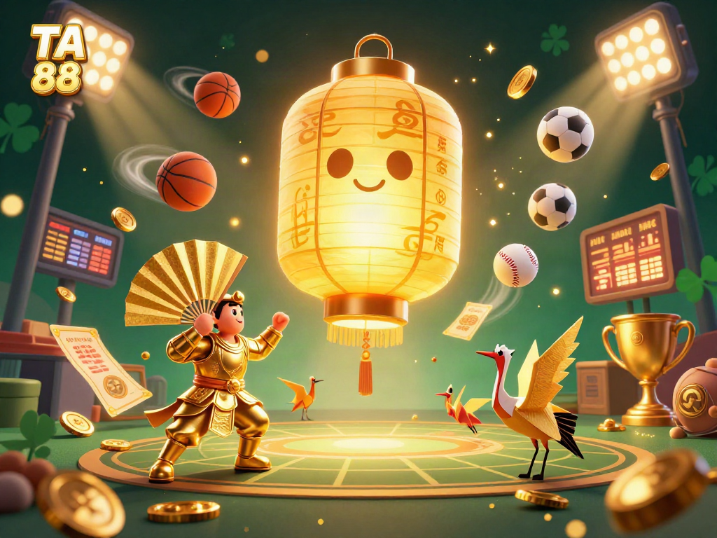 Engage with TA 88’s vibrant casino scene featuring dynamic sports elements, illuminated by a golden lantern spirit.