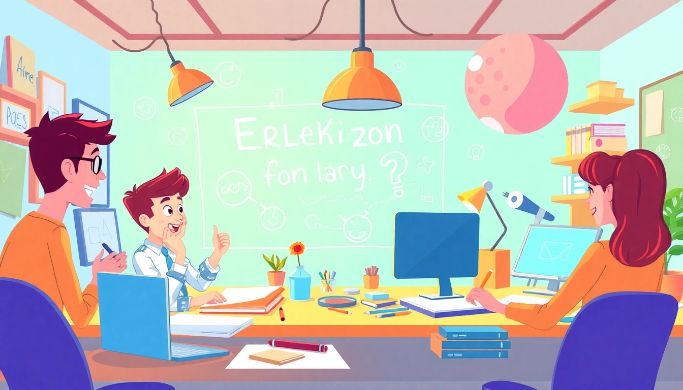 Erkläranimation process illustrated with animated characters showcasing explanations in a vibrant workspace.