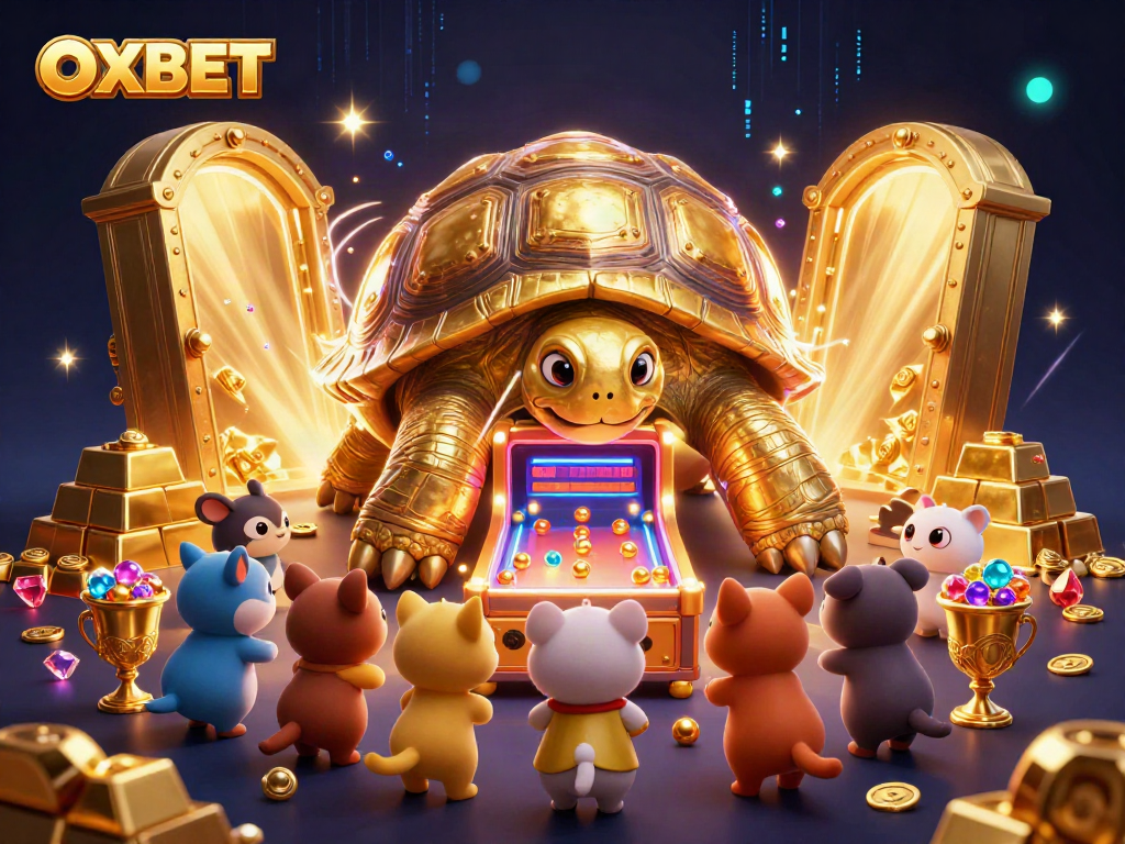 Engage with OXBET in a vibrant casino scene featuring a colossal golden tortoise and treasure elements.