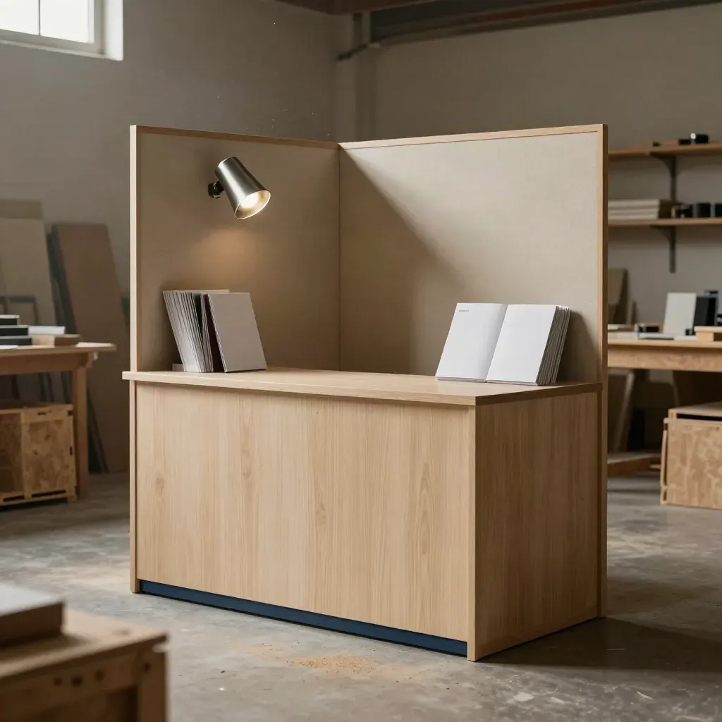 Modell eines Messe-Standes in einer ruhigen Werkstatt mit Holz, Stoffwand und Broschürenstapeln.