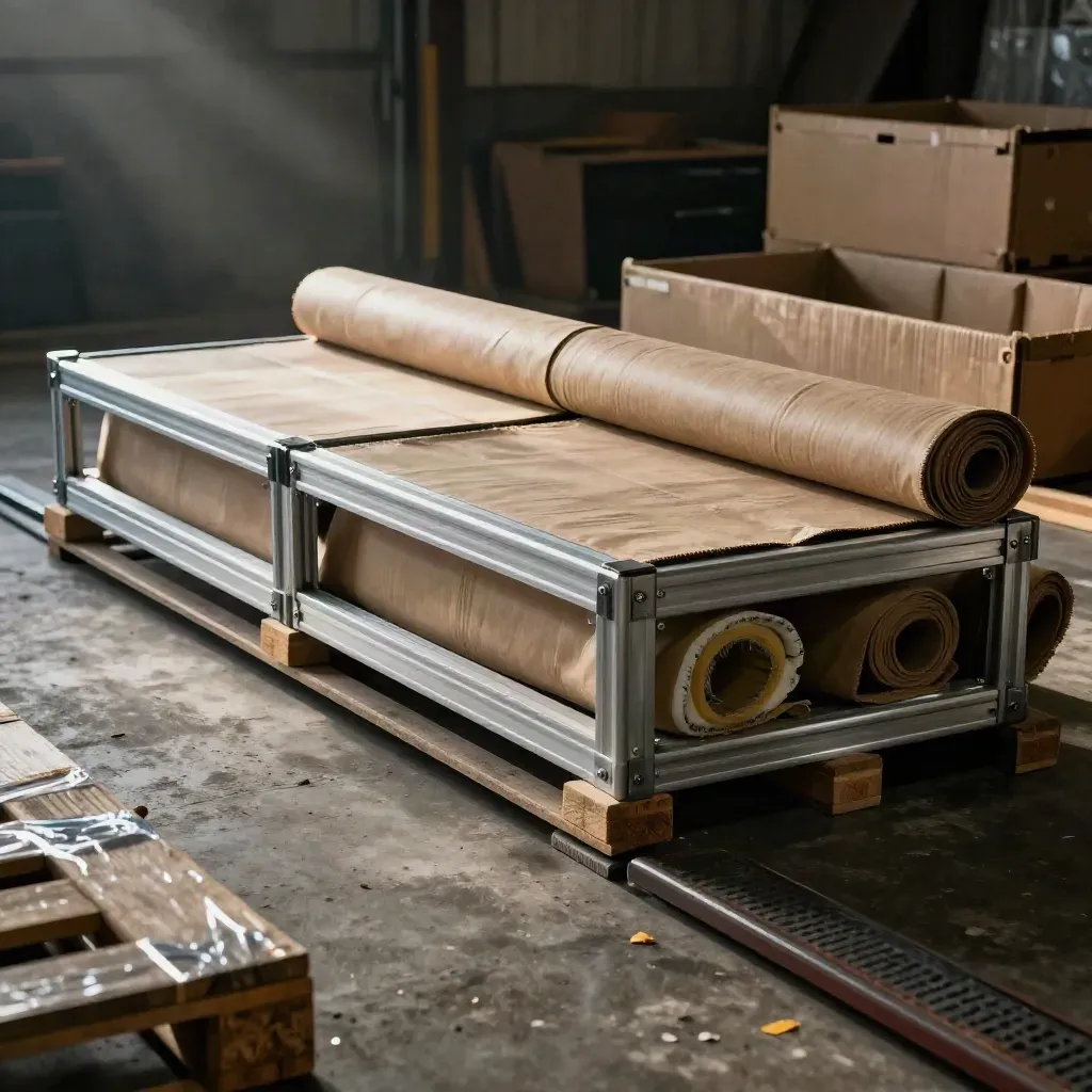 Aluminiumrahmen, Kanten und Kisten im staubigen Verladebereich