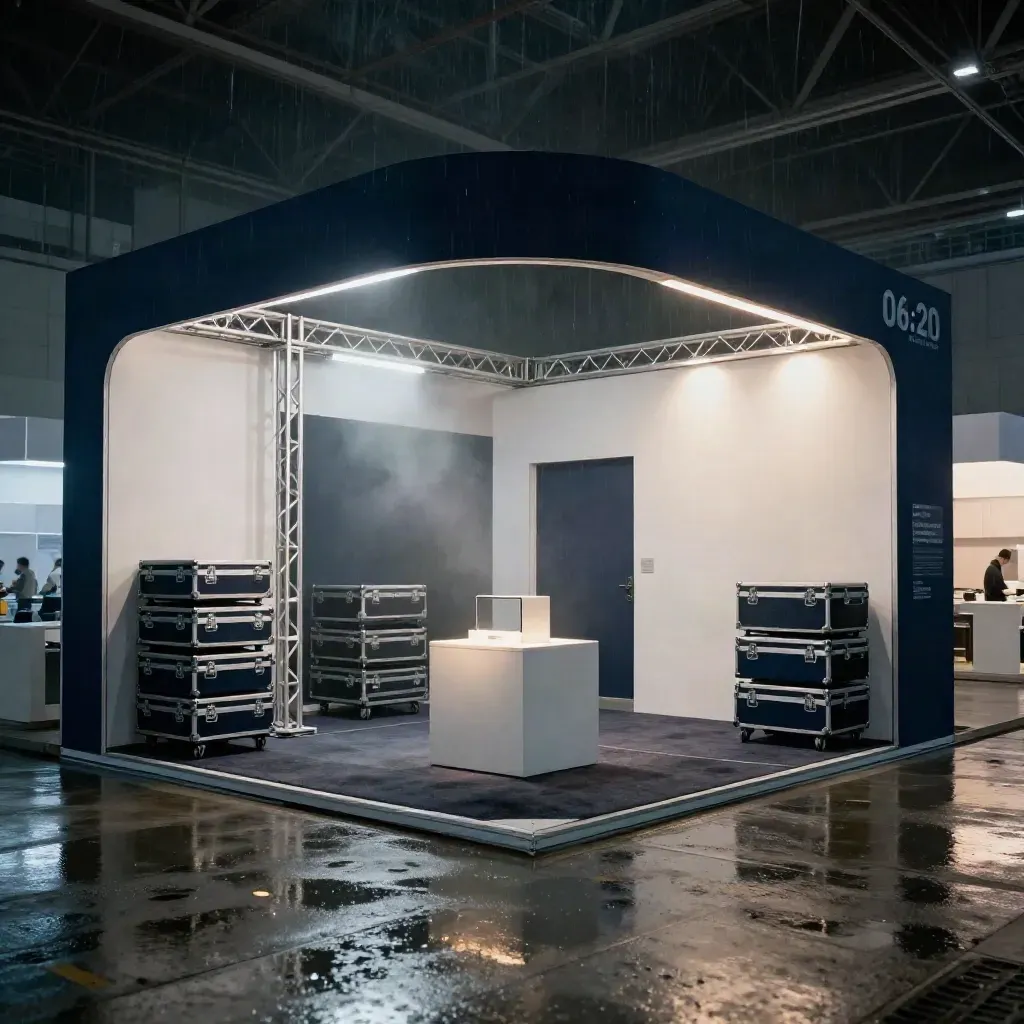 Halbfertiger Messestand im nassen Messegang mit Lichtreflexen und Nebel
