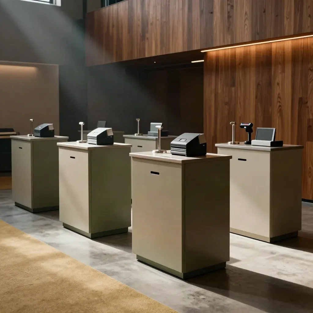 Vorbereitete Besucherregistrierung mit Pedestals, Badge-Druckern und Scannerdock im Messefoyer.