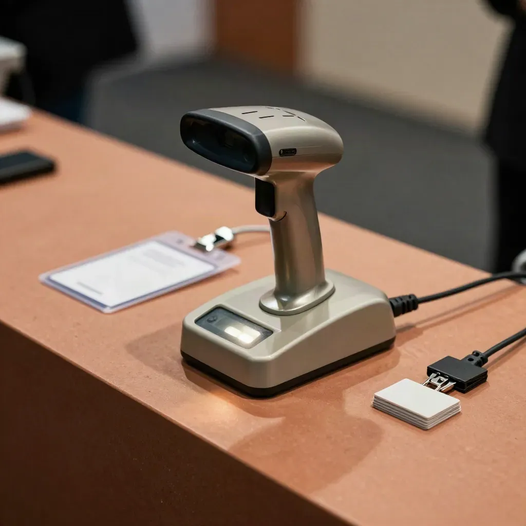 Scanner-Dock mit blanken Badge-Hüllen auf terrakottafarbener Theke im Messelicht