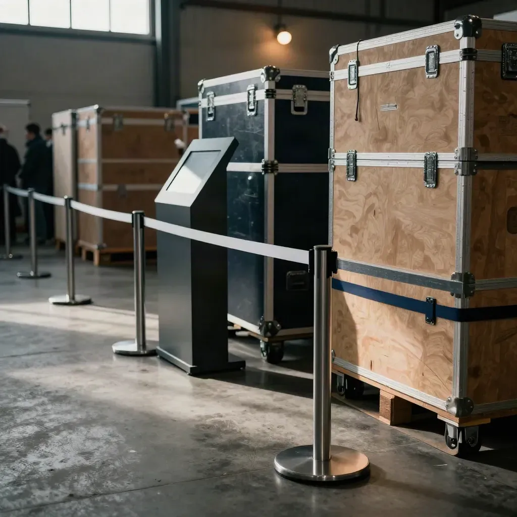 Leere Registrierungszone mit Absperrgittern, Infoturm und Transportkisten im Messegelände.