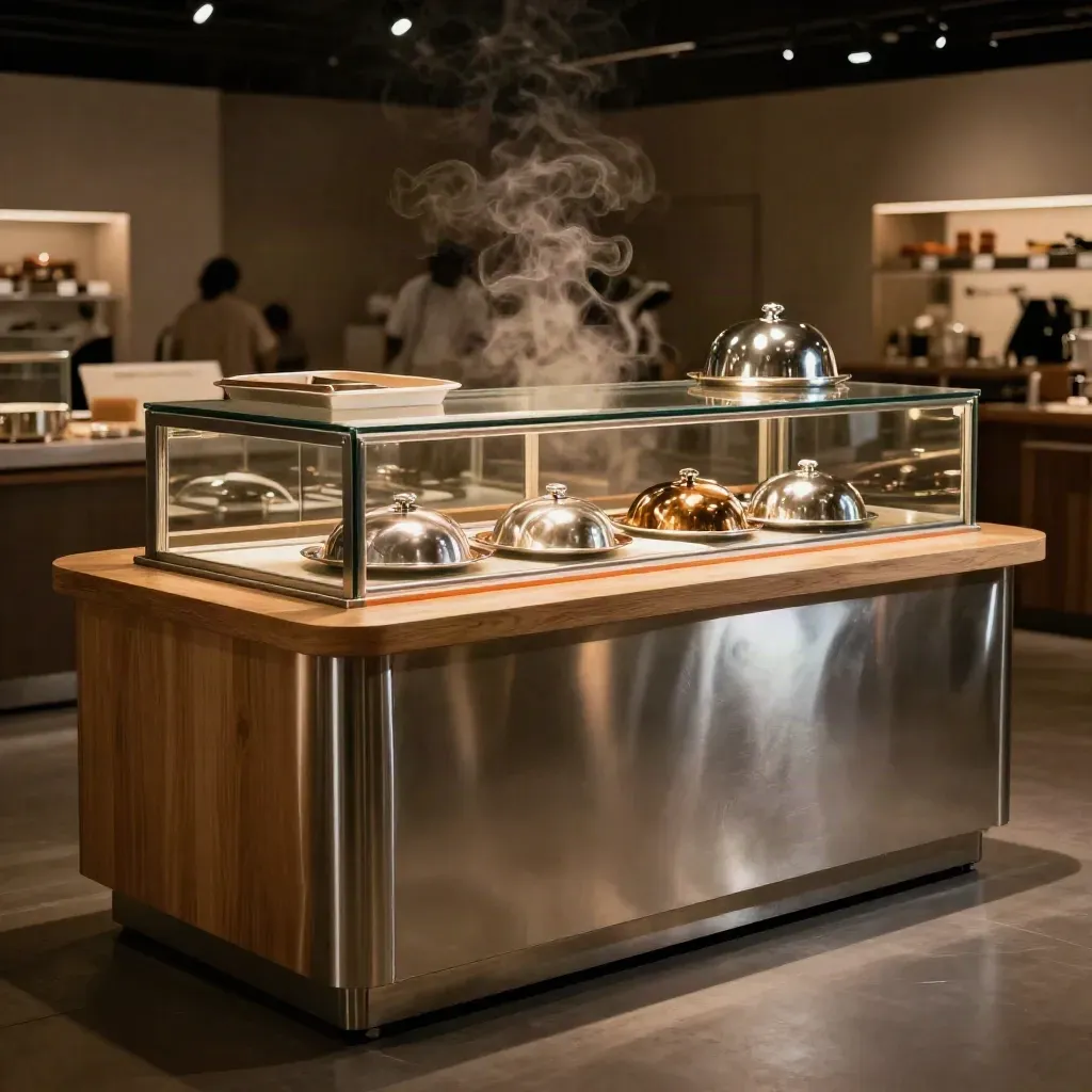 Fertiger Messestand mit Glasvitrine, Edelstahl und warmem Licht auf dunklem Hallenboden