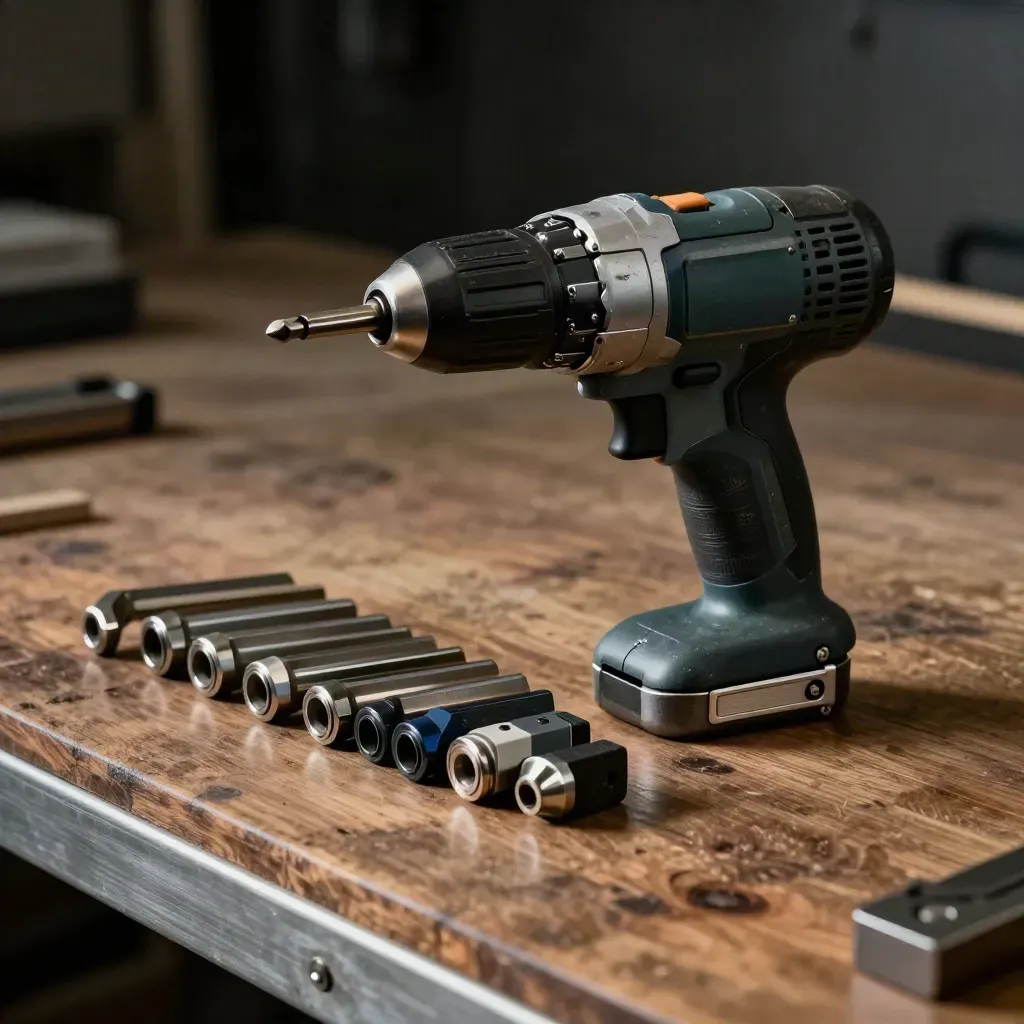 Impact-Driver, Inbusschlüssel und Verbinder auf einer Werkbank im dunklen Licht