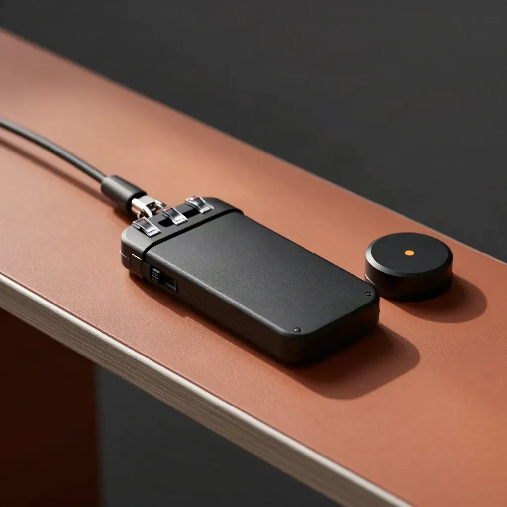 RFID-Scanner, Dock und Lanyard-Clips auf einer terrakottafarbenen Messekonsole.