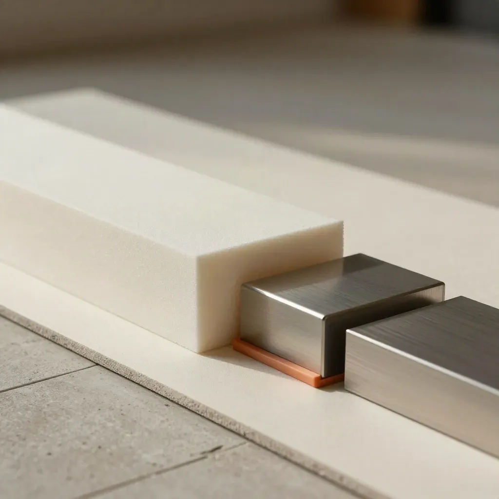 Foam-Module, Bodentiles und Aluminiumprofile auf hellem Putz mit orangem Akzent.