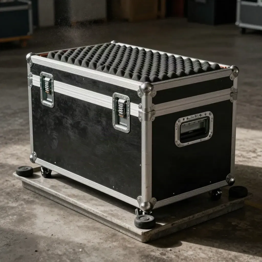 Messe-Transport im Einsatz: Flightcase, Truss-Klemme und Kabeltrunk auf Betonfläche.