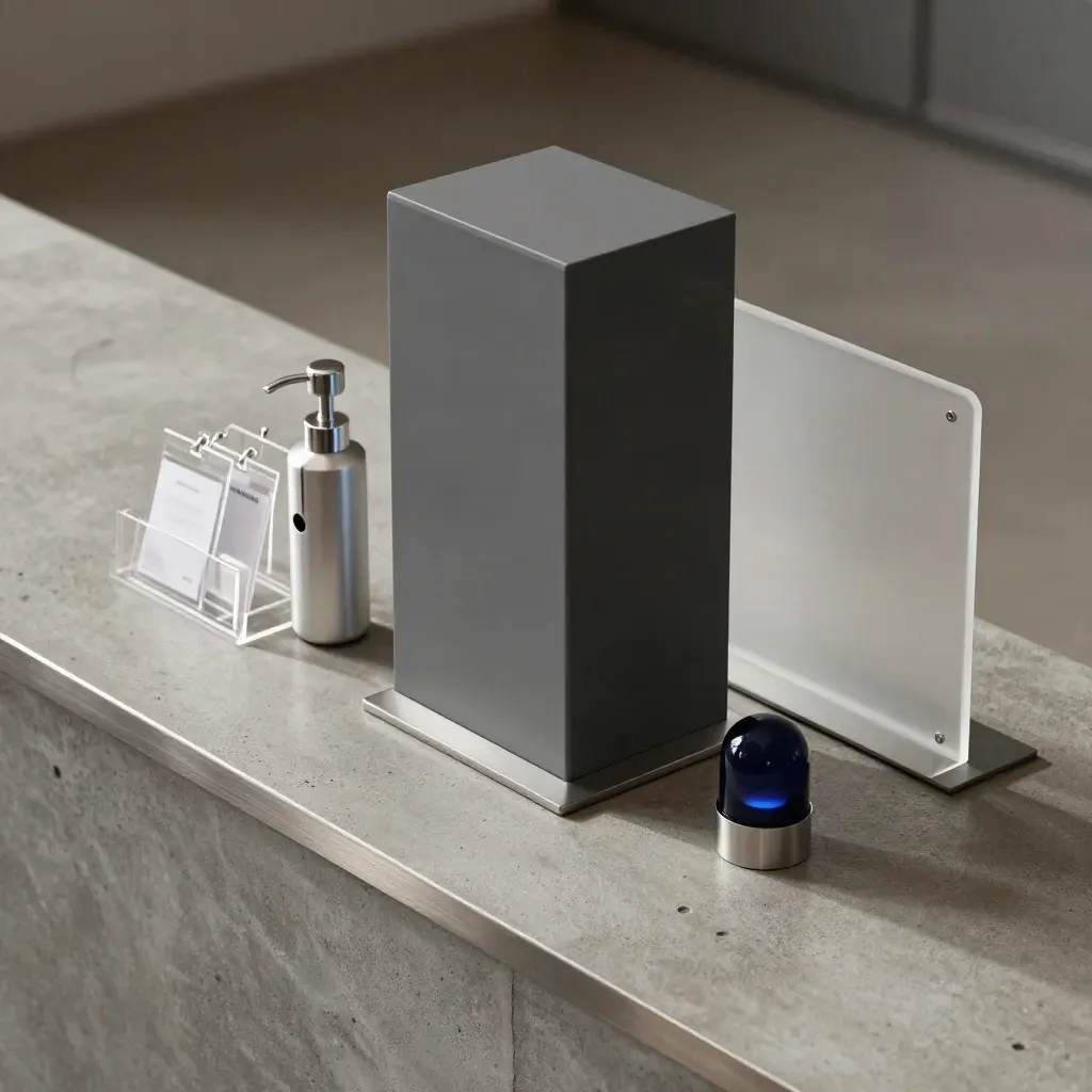 Check-in-Pedestal, Desinfektionsspender, Ausweishalter und Statuslicht auf Beton.