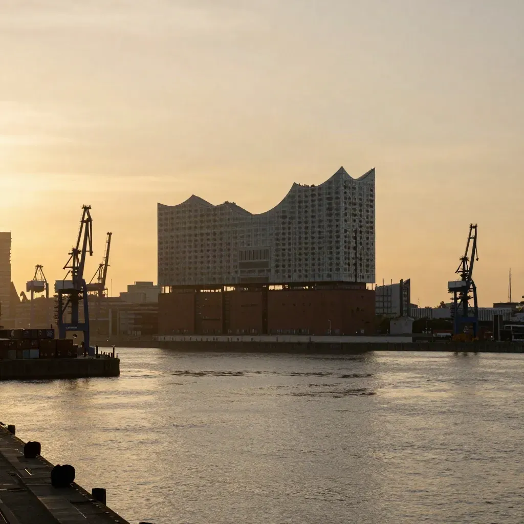 Hamburger Hafen bei goldenem Abendlicht mit Kränen und Elbphilharmonie im Dunst.