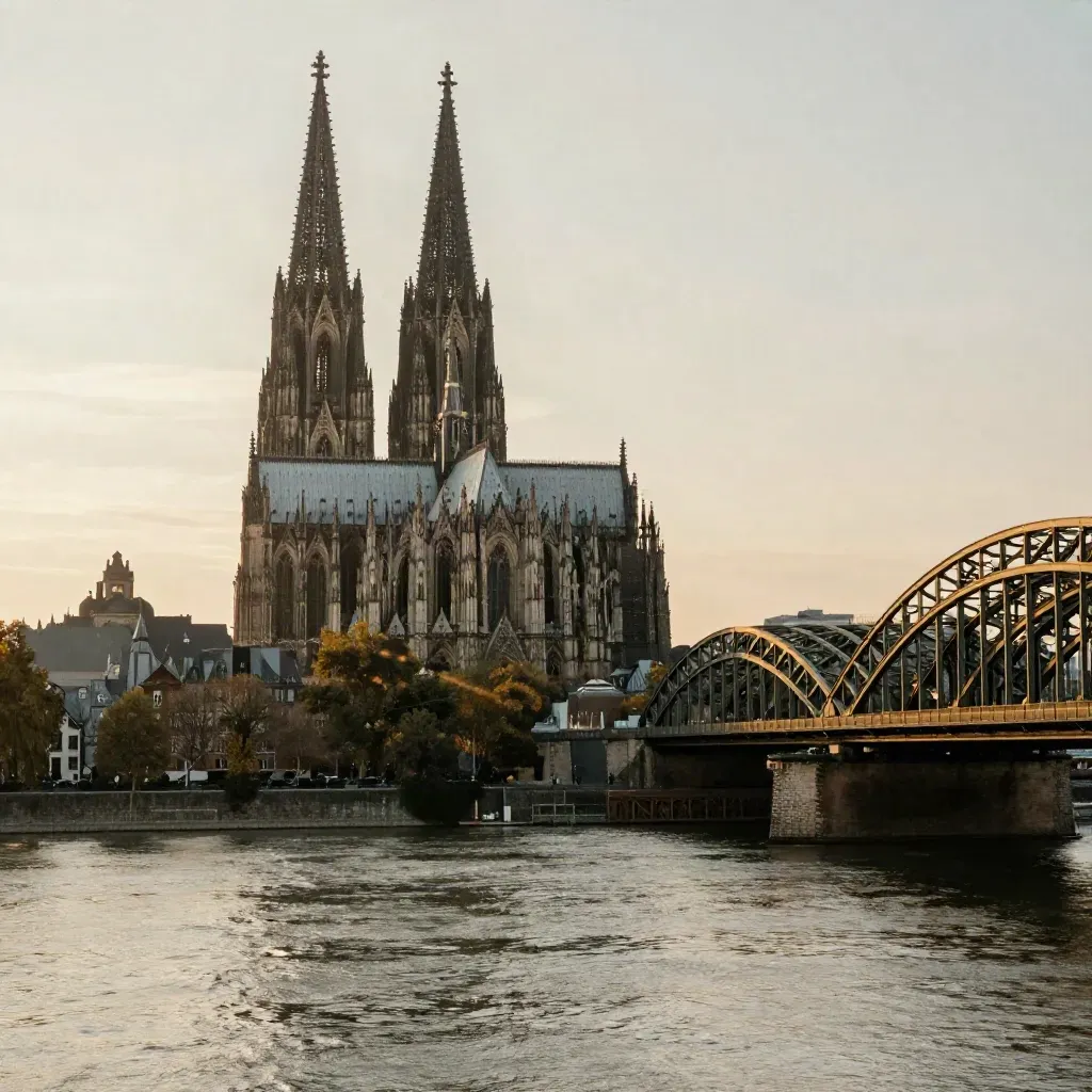 Kölner Dom und Rheinbrücken im Abendlicht mit Nebel über dem Wasser