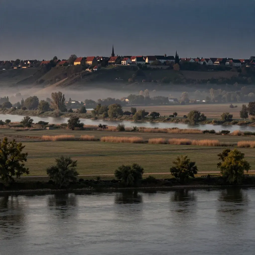 Breite Flussschleife in Mitteldeutschland bei Blauhour, Nebel über Ufern und ferne Stadtsilhouette.