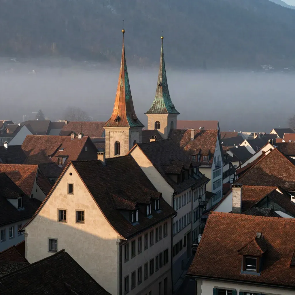 Limestone-Dächer und Kupfertürme im Morgennebel über Süddeutschland